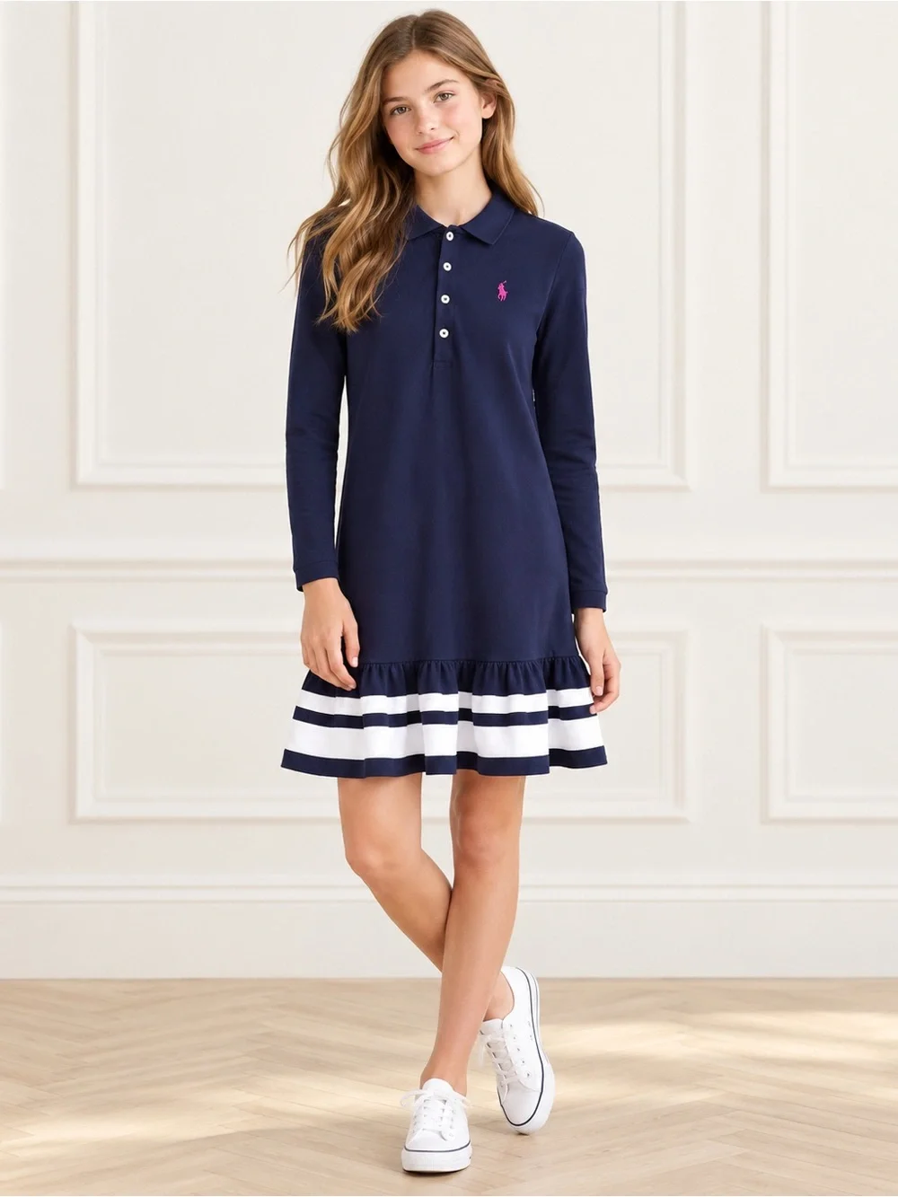 Ralph Lauren Girls Polo Dress Navy Ruffle Stripe Hem XL 16